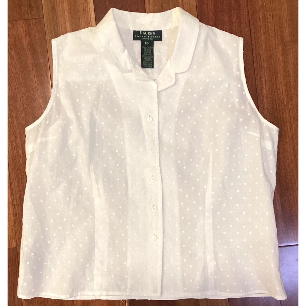 Lauren Ralph Lauren White Sleeveless Swiss Dot Button Front Blouse